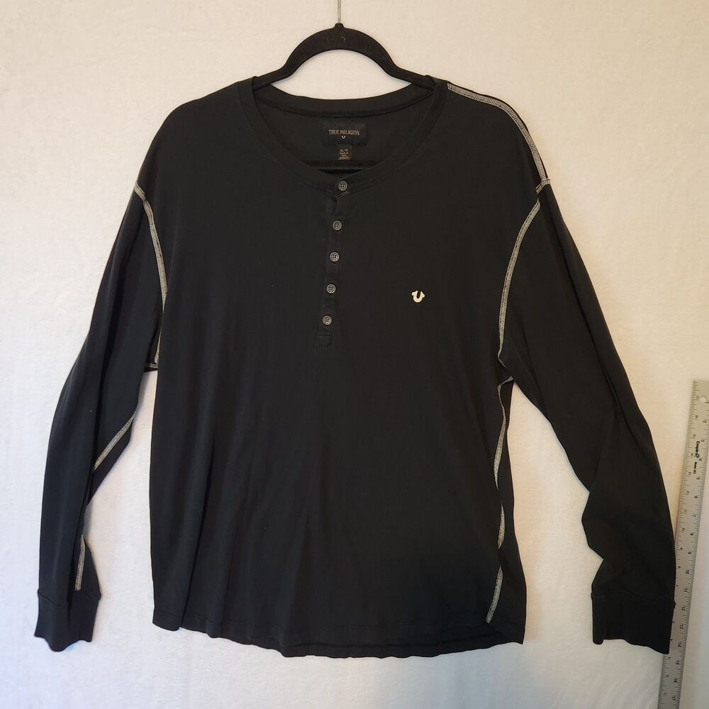 True Religion Pima Cotton Henley Shirt Mens XL Black Long Sleeve Contrast Stitch